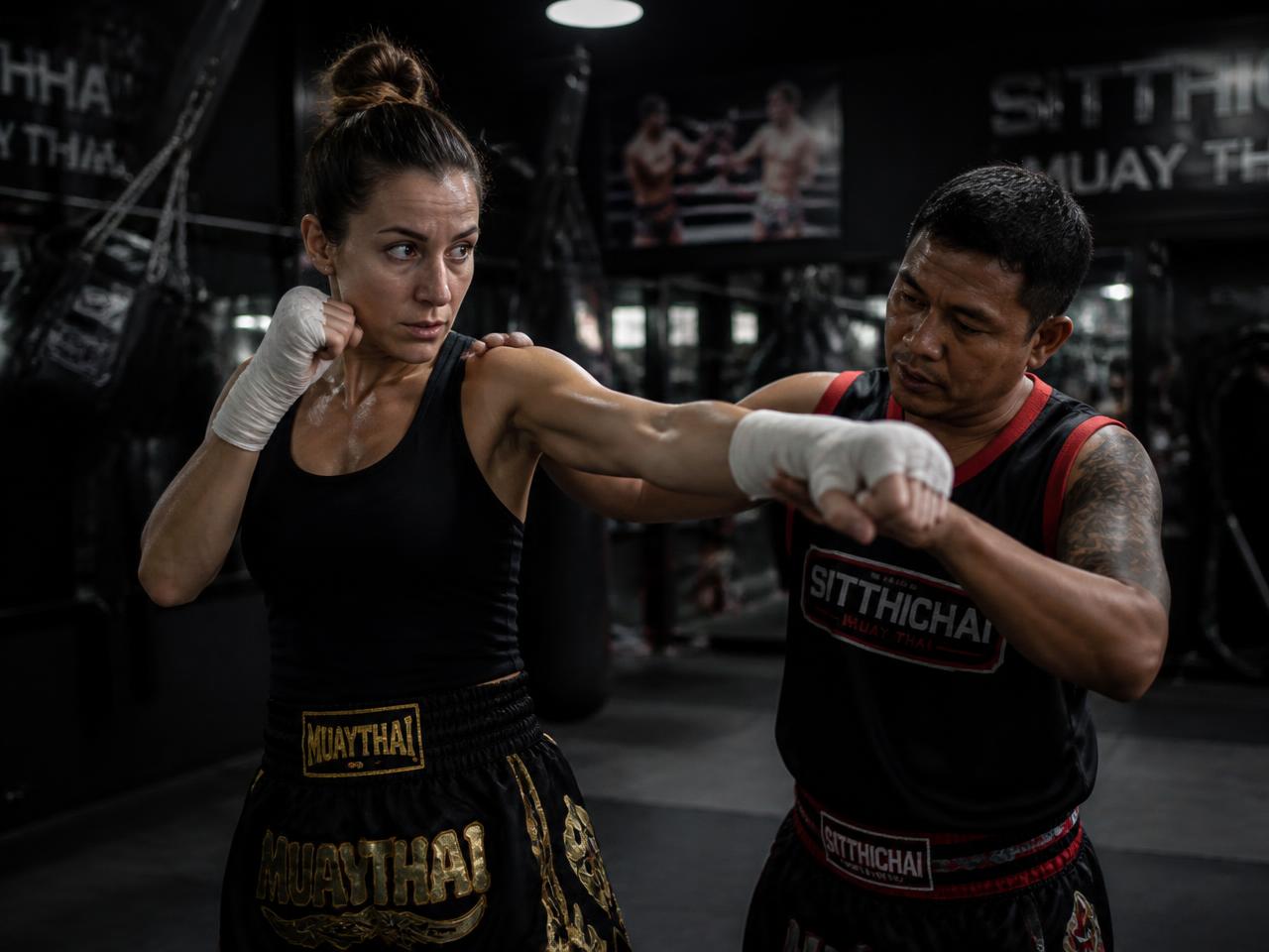 Professor corrigindo a postura de uma aluna iniciante durante treino de Muay Thai